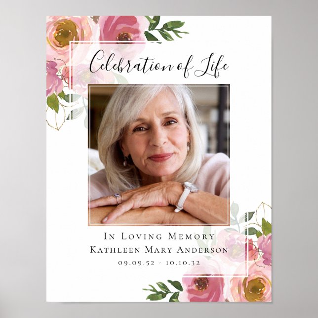 Poster Placa de Boas-Vindas com Foto Floral Rosa em Memór (Frente)