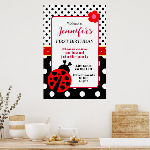 Poster Placa de Boas-Vindas com Joaninha Vermelha e Preta