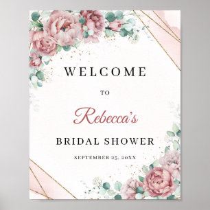 Poster Placa de Boas-Vindas com moldura dourada e flores 