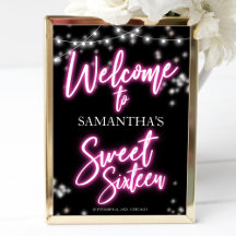 Placa de Boas-Vindas com Tema Neon Rosa Sweet 16