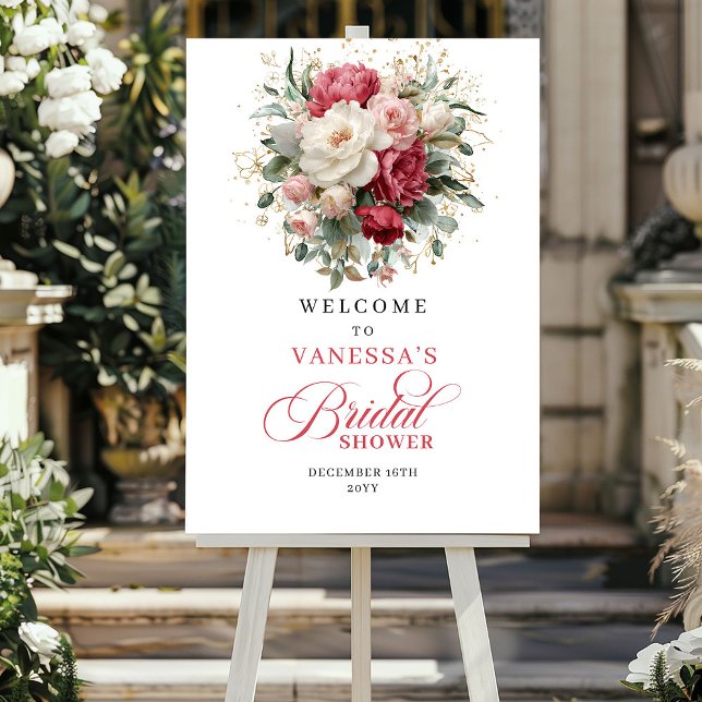 Poster Placa de Boas-Vindas com Vegetação e Tom Romântico (Romantic Burgundy Blush Greenery Welcome Sign)