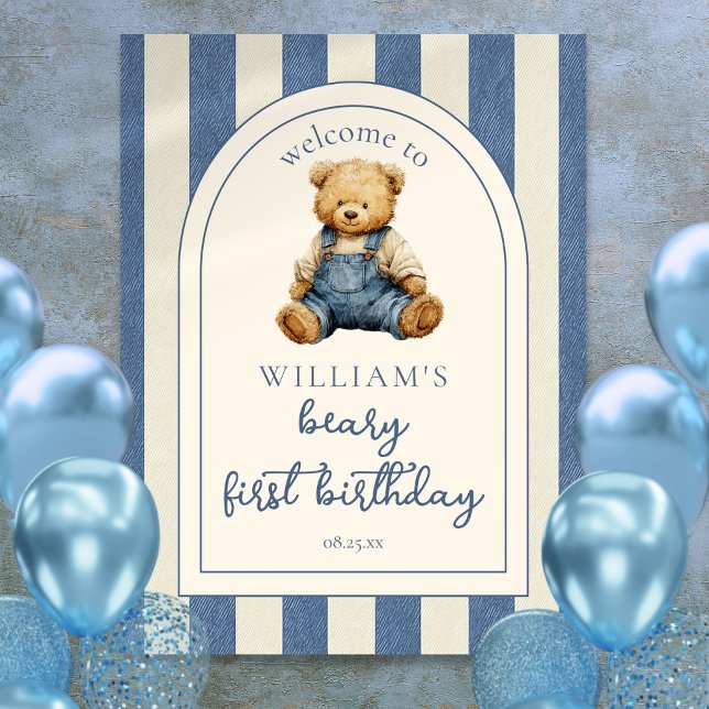Poster Placa de Boas-Vindas de 1º Aniversário do Urso de  (Blue Jean Teddy Bear 1st Birthday Welcome Sign)