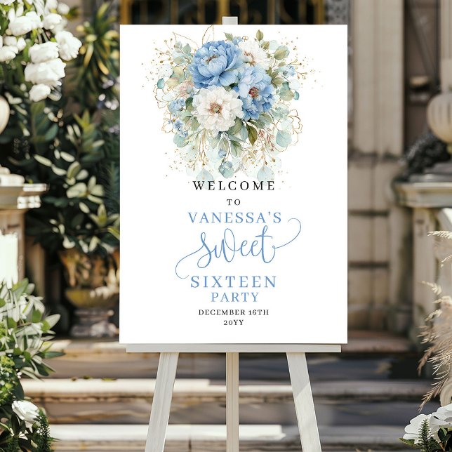 Poster Placa de Boas-Vindas de 16 Anos Azul Rústico e Dou (Rustic Blue and Gold 16th Birthday Welcome Sign)