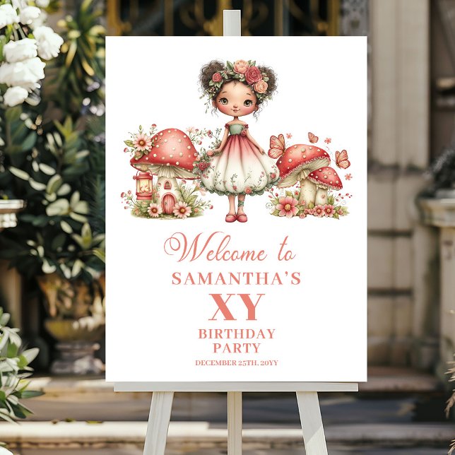Poster Placa de Boas-Vindas de Aniversário com Flores de  (Dreamy Pink Fairy Floral Birthday Welcome Sign)