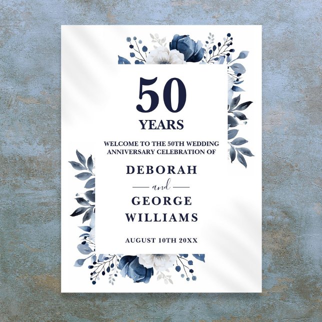 Poster Placa de Boas-Vindas de Aniversário de 50 Anos de  (Navy 50th Wedding Anniversary Floral Welcome Sign)