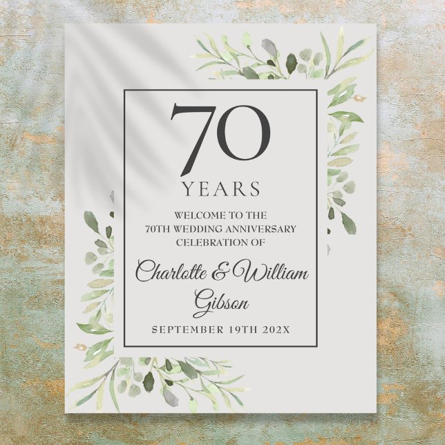Poster Placa de Boas-Vindas de Aniversário de Casamento d (Greenery 70th Wedding Anniversary Welcome Sign)