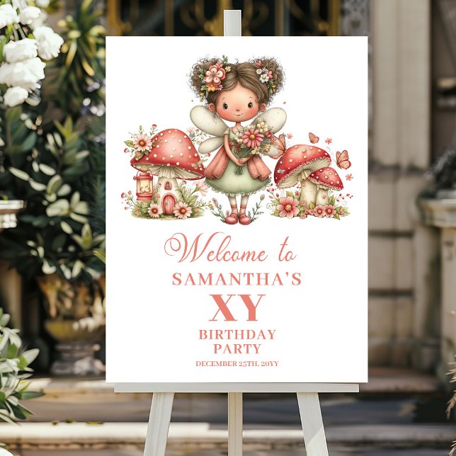 Poster Placa de Boas-Vindas de Aniversário de Menina com  (Whimsical Fairy Floral Girl Birthday Welcome Sign)