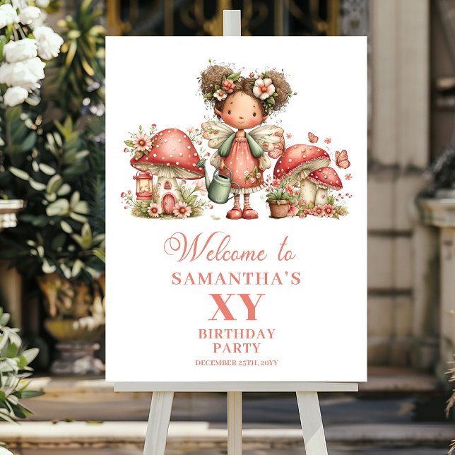 Poster Placa de Boas-Vindas de Aniversário Floral da Fada (Whimsical Pink Fairy Floral Birthday Welcome Sign)