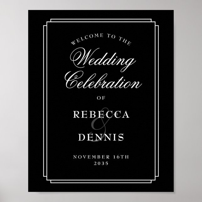 Poster Placa de Boas-Vindas de Casamento Art Déco Preto e (Frente)