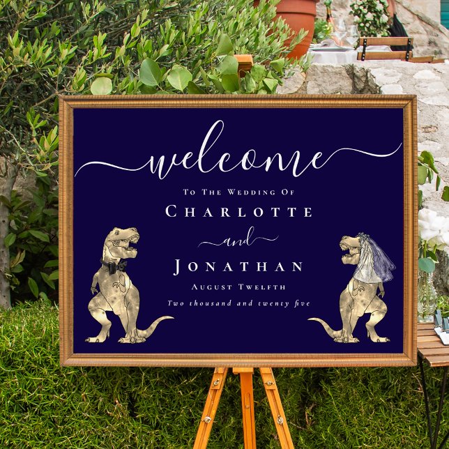Poster Placa de Boas-Vindas de Casamento Azul-Marinho com (Elegant Dinosaur navy blue wedding Welcome poster sign T-Rex bride and groom dino whimsical script)
