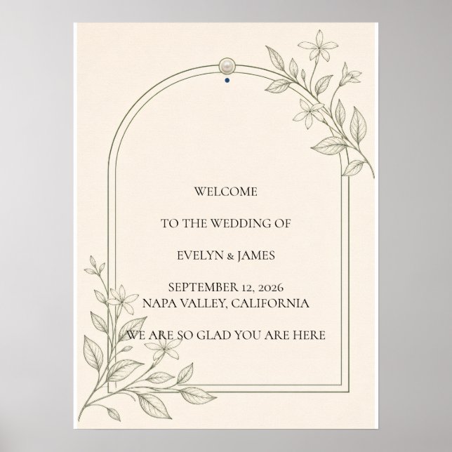 Poster Placa de Boas-Vindas de Casamento Botânico Oliva e (Frente)