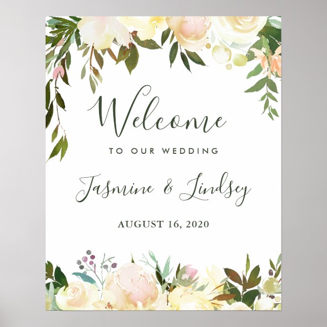 Poster Placa de Boas-Vindas de Casamento Botânico Verde (Frente)