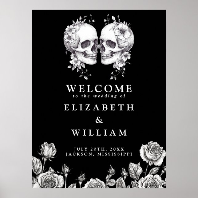 Poster Placa de Boas-Vindas de Casamento Caveiras Gótico  (Frente)
