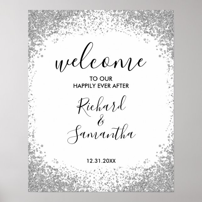 Poster Placa de Boas-Vindas de Casamento com Brilho Prate (Frente)