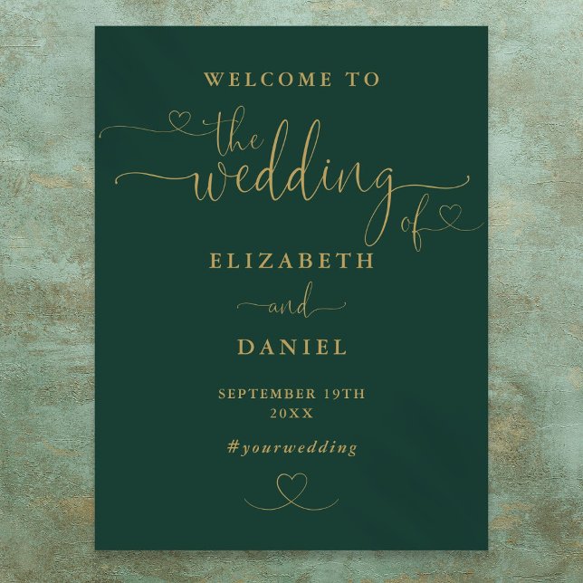 Poster Placa de Boas-Vindas de Casamento com Coração em E (Emerald And Gold Heart Script Wedding Welcome Sign)