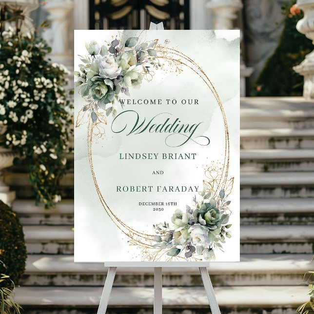 Poster Placa de Boas-Vindas de Casamento com Eucalipto Mo (Modern Eucalyptus Wedding Welcome Sign Gold)