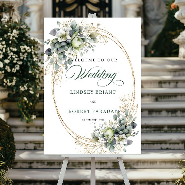 Poster Placa de Boas-Vindas de Casamento com Eucalipto Mo (Modern Eucalyptus Greenery Wedding Welcome Sign)