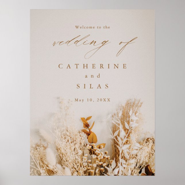 Poster Placa de Boas-Vindas de Casamento com Flores de Ou (Frente)