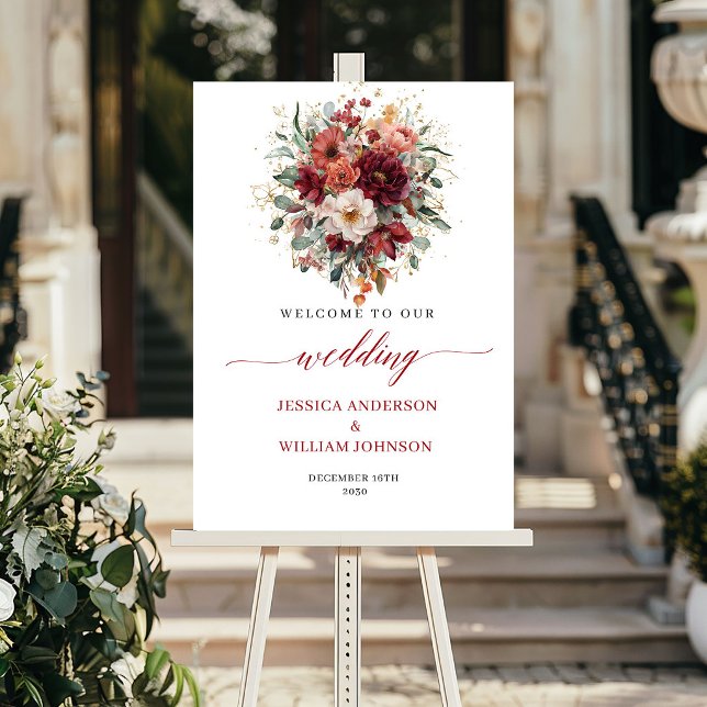 Poster Placa de Boas-Vindas de Casamento com Flores e Fol (Burgundy Boho Autumn Flowers Greenery Wedding Welcome

)