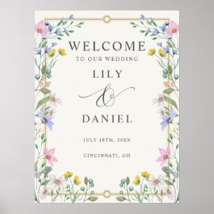 Poster Placa de Boas-Vindas de Casamento com Flores Silve