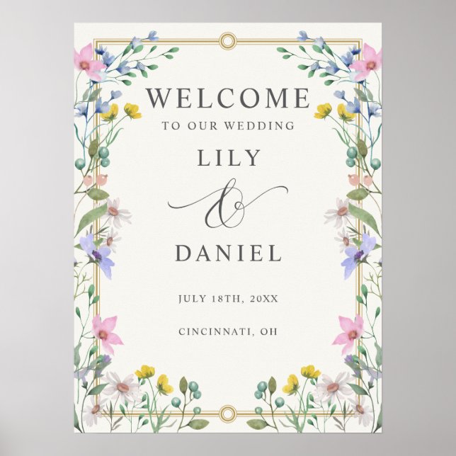 Poster Placa de Boas-Vindas de Casamento com Flores Silve (Frente)