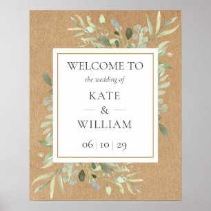Poster Placa de Boas-Vindas de Casamento com Folhas de Ve
