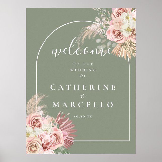 Poster Placa de Boas-Vindas de Casamento com Grama Pampas (Frente)