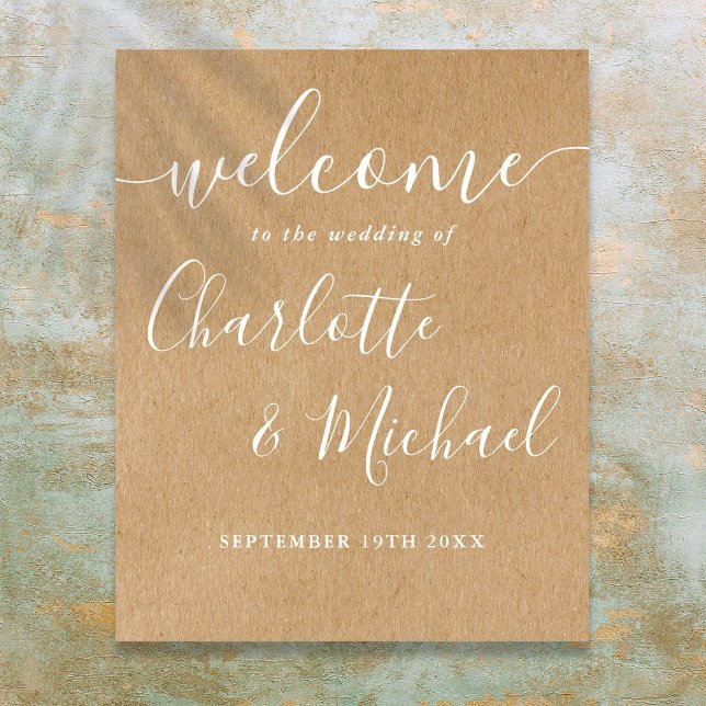 Poster Placa de Boas-Vindas de Casamento com Letra de Ass (Rustic Kraft Signature Script Wedding Welcome Sign)