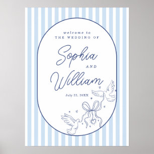 Poster Placa de Boas-Vindas de Casamento com Listra Azul 