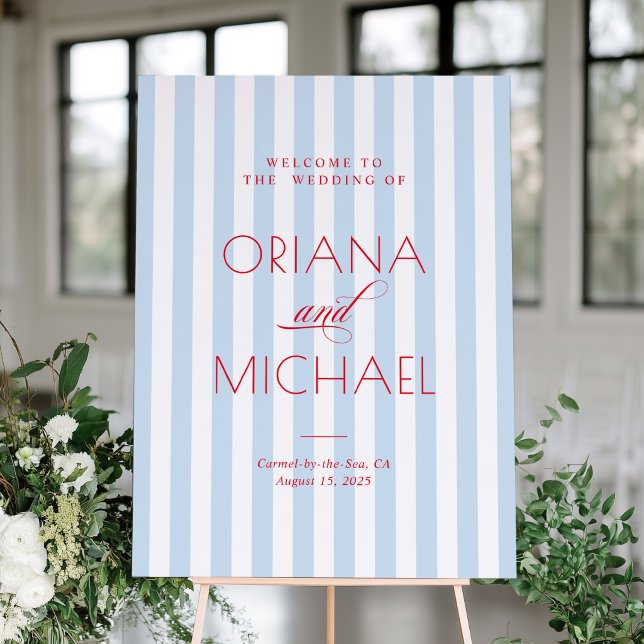 Poster Placa de Boas-Vindas de Casamento com Listras Azui (Minimalist Blue White Striped Welcome Sign with Red Font)