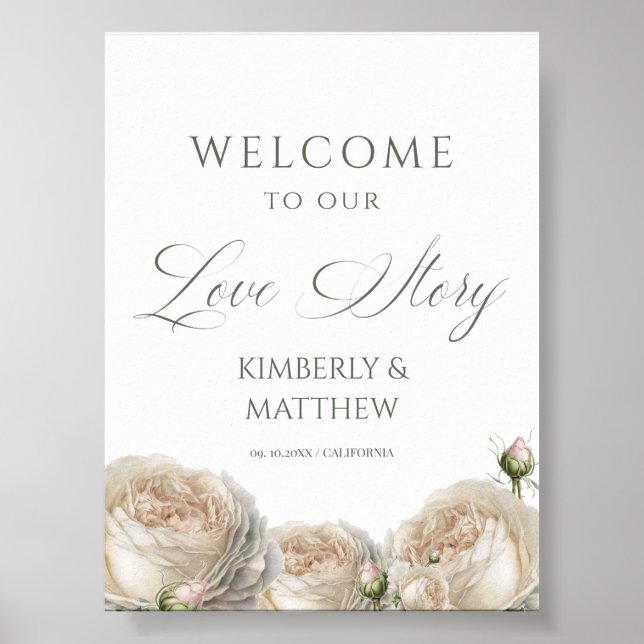 Poster Placa de Boas-Vindas de Casamento com Rosas Branca (Frente)