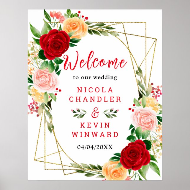 Poster Placa de Boas-Vindas de Casamento com Rosas Vermel (Frente)