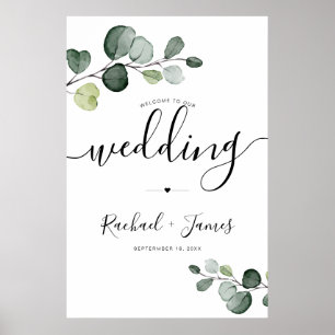 Poster Placa de Boas-Vindas de Casamento com Verde de Euc