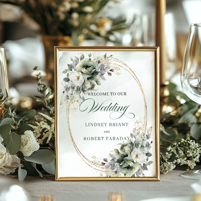 Poster Placa de Boas-Vindas de Casamento com Verde Oliva  (Natural Sage Green Greenery Wedding Welcome Sign)