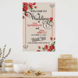 Poster Placa de Boas-Vindas de Casamento de Rosas Vermelh