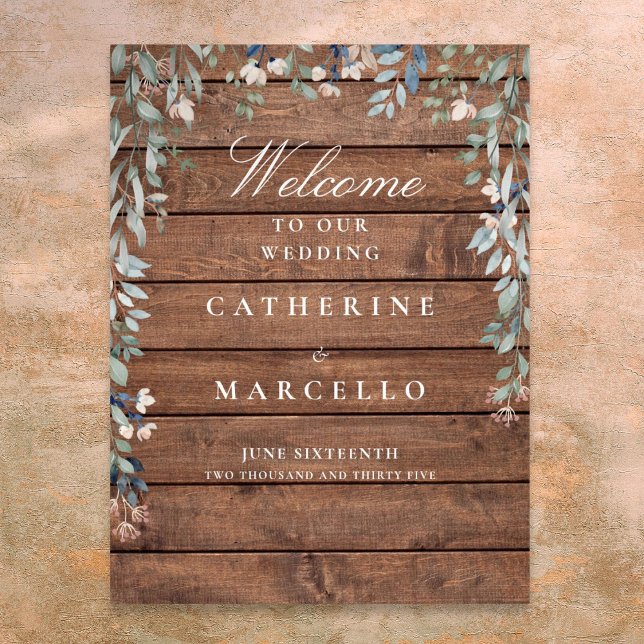 Poster Placa de Boas-Vindas de Casamento em Cascata Flora (Rustic Wood Floral Cascade Wedding Welcome Sign)