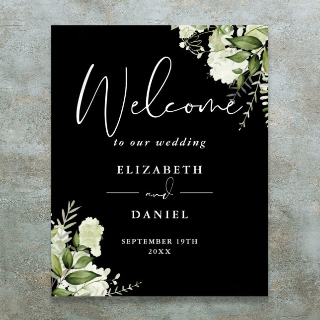 Poster Placa de Boas-Vindas de Casamento em Preto e Branc (Black White Greenery Floral Wedding Welcome Sign)