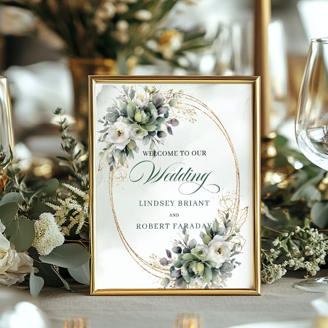 Poster Placa de Boas-Vindas de Casamento em Verde Eucalip (Modern Sage Green Eucalyptus Wedding Welcome Sign)