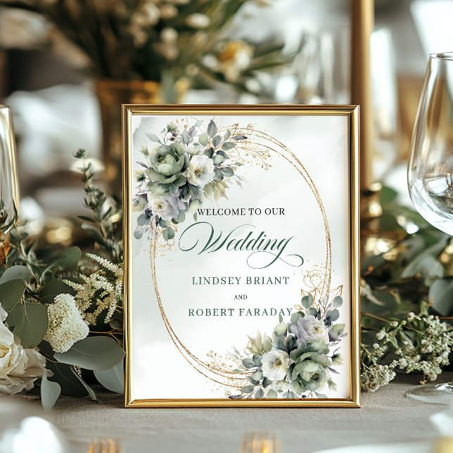 Poster Placa de Boas-Vindas de Casamento em Verde Eucalip (Rustic Dusty Green Eucalyptus Wedding Welcome Sign)