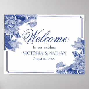 Poster Placa de Boas-Vindas de Casamento Floral Azul Chin
