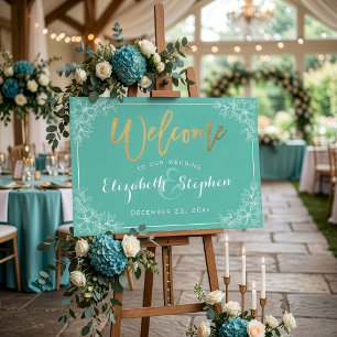 Poster Placa de Boas-Vindas de Casamento Floral Azul e Br