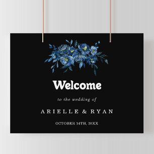 Poster Placa de Boas-Vindas de Casamento Floral Azul Mari