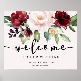 Poster Placa de Boas-Vindas de Casamento Floral Borgonha 