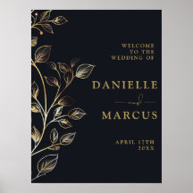 Placa de Boas-Vindas de Casamento Floral Dourada C