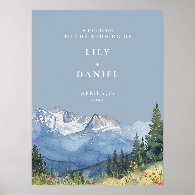 Poster Placa de Boas-Vindas de Casamento Floral Montanha  (Frente)