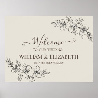 Poster Placa de Boas-Vindas de Casamento Floral Neutro Mi