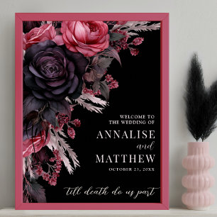 Poster Placa de Boas-Vindas de Casamento Floral Preto Gót