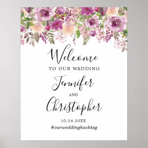Pôster Placa de Boas-Vindas de Casamento Floral Roxo Viol