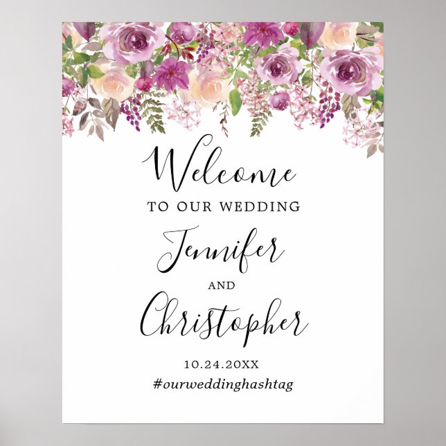 Pôster Placa de Boas-Vindas de Casamento Floral Roxo Viol (Frente)