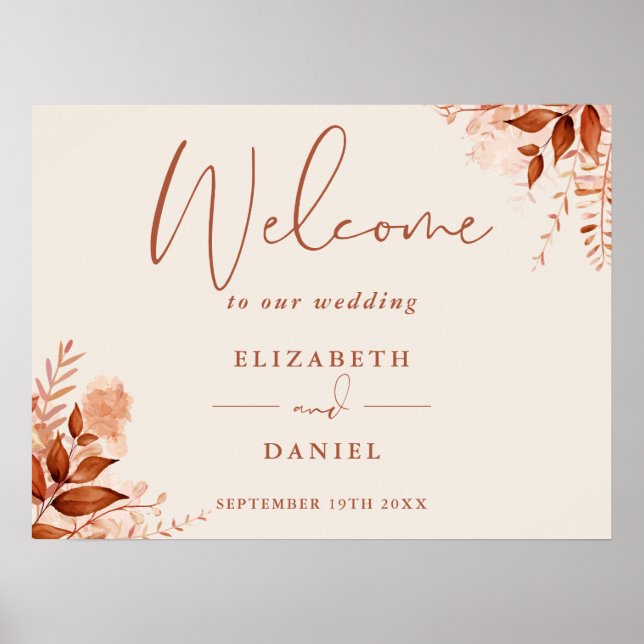 Poster Placa de Boas-Vindas de Casamento Floral Rústico d (Frente)